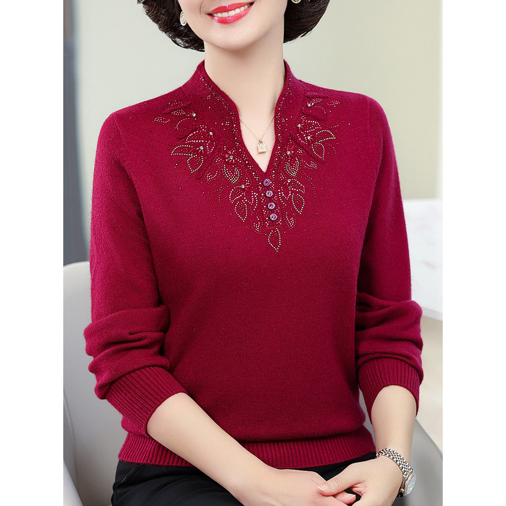 Mãe outono estilo ocidental camisa pequena suéter 40 anos 50 mulheres idosas de meia-idade primavera outono ano Benming 