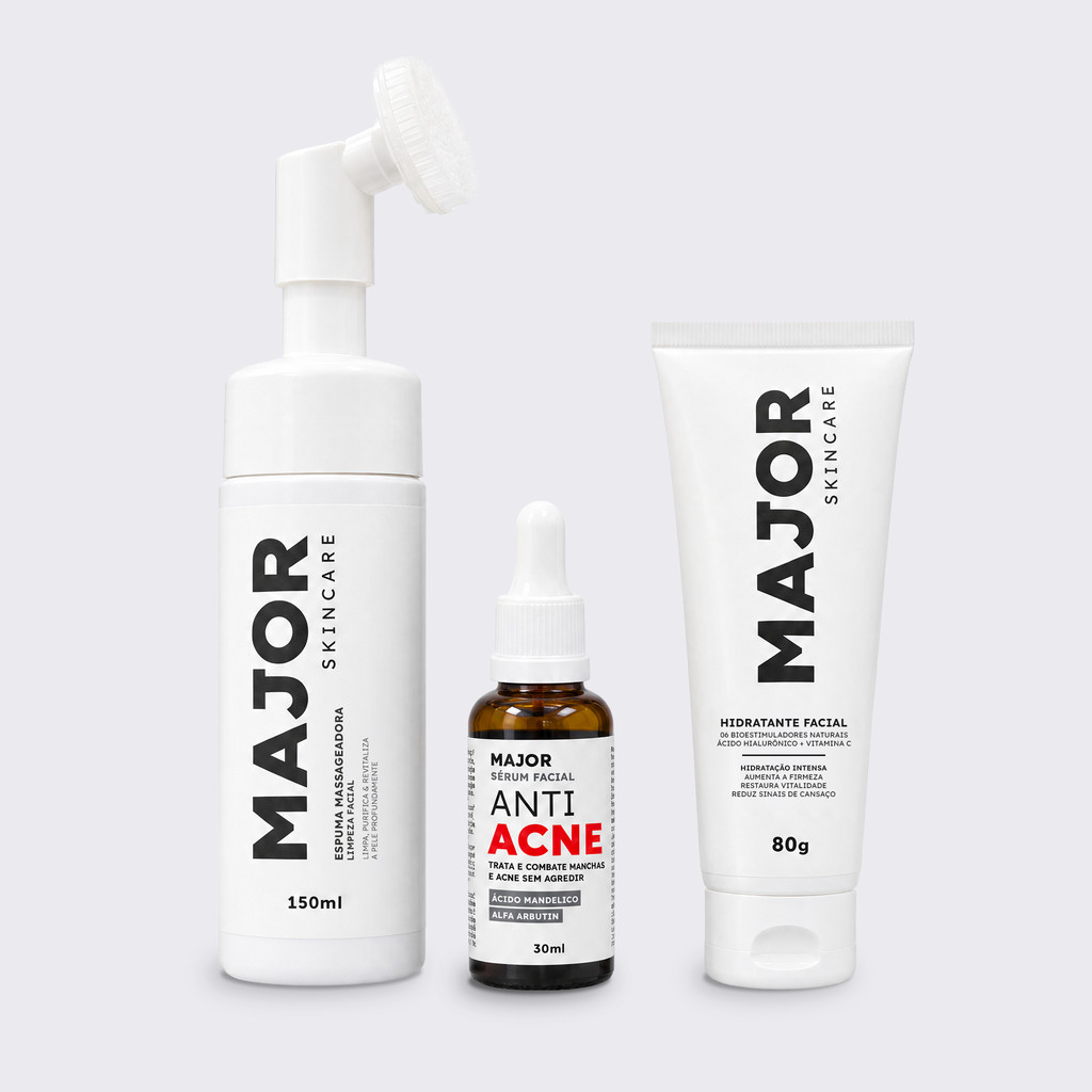 Kit Antiacne Espuma Massageadora Sérum Ácido Mandélico Alfa Arbutin Hidratante Hialurônico Vitamina C Major