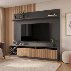 Rack com Painel Ripado para TV até 50 Polegadas 160CMX149,5cm Impressão 2 Portas Adega Roma Cinza Grafite/Brise