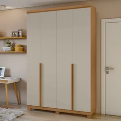 Guarda-Roupa Solteiro 4 Portas 2 Gavetas com Pés MDF 153cm Alonzo Marrom Amêndoa Clean/Off White Amêndoa Clean/Off