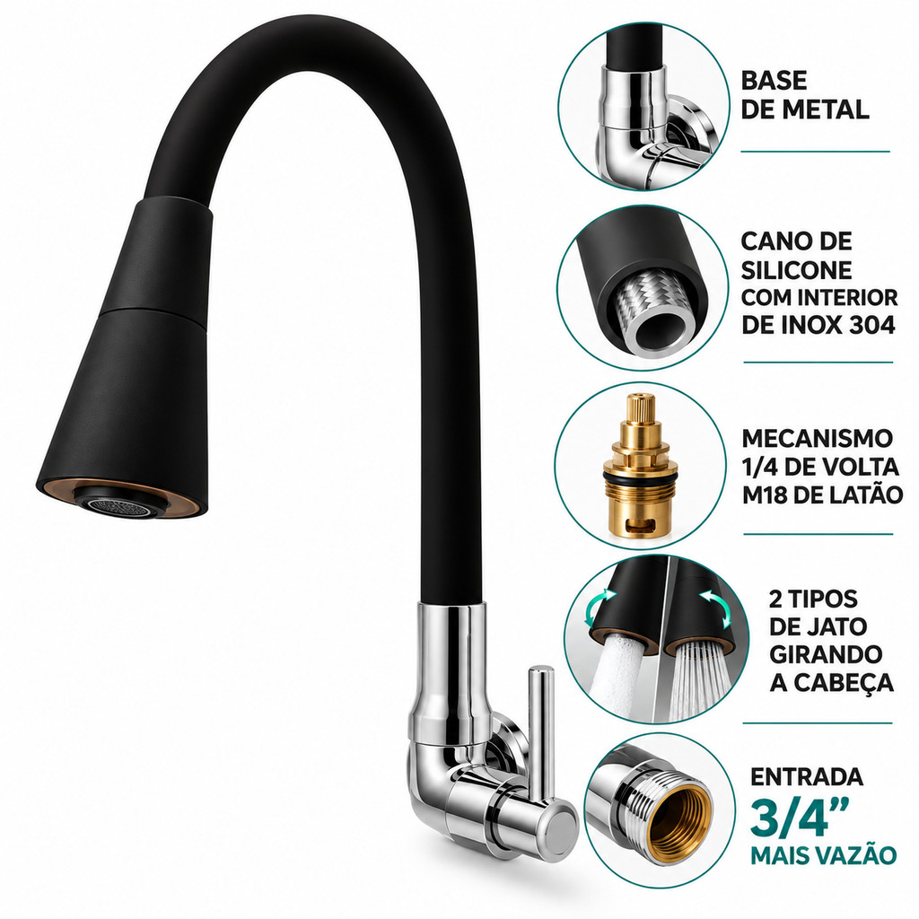 TORNEIRA GOURMET FLEXíVEL COZINHA LUXO 2 JATOS PRETO PAREDE · foto 2