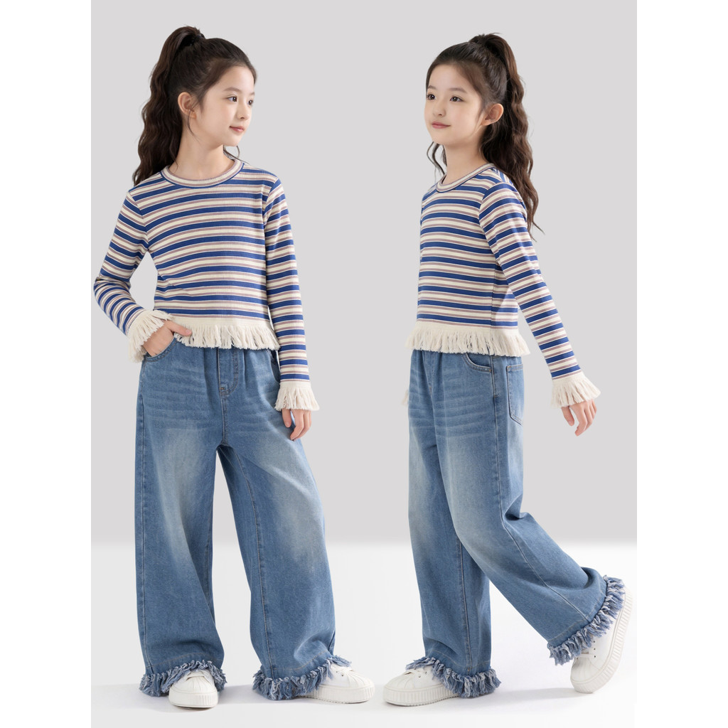 Meninas primavera estilo Super agradável terno crianças listrado Casual camiseta grandes meninas Jeans primavera outono 
