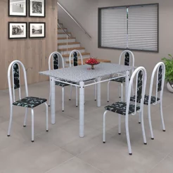 Conjunto de Mesa 140x75cm Tampo de Granito com 6 Cadeiras Iris a Soma Móveis Branco/Preto Floral/Martelado Pérola