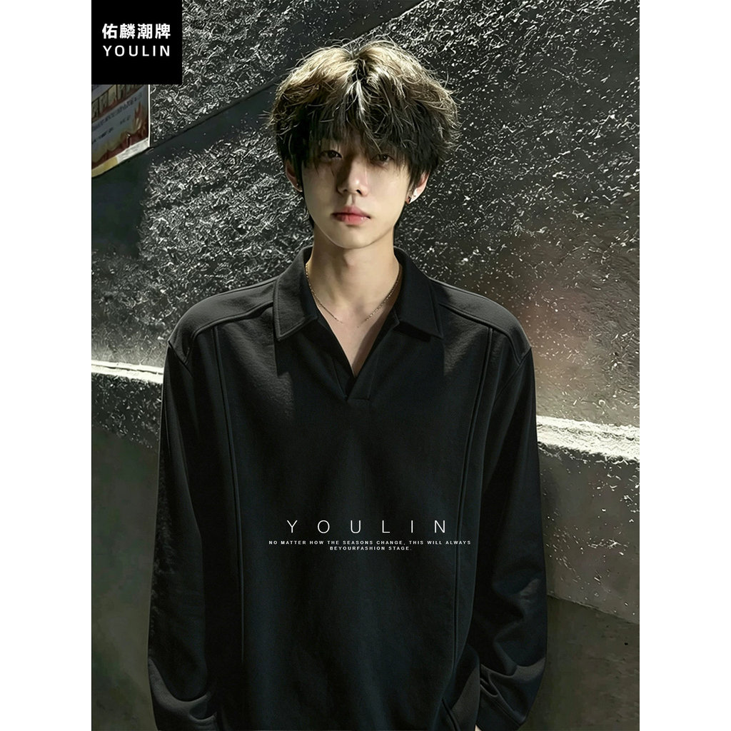 Preto cleanfit lapela camisa polo de manga comprida masculina pesado Formal ombro camiseta camisa de fundo americano Str