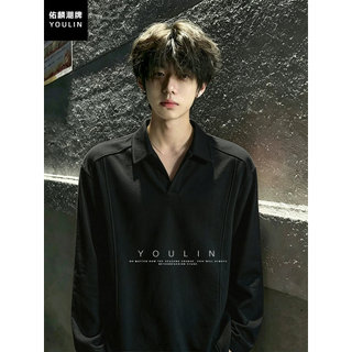 Preto cleanfit lapela camisa polo de manga comprida masculina pesado Formal ombro camiseta camisa de fundo americano Str