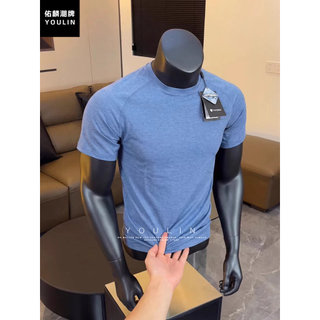 Haze azul americano gelo seda de secagem rápida camiseta masculina verão estiramento Fitness esportes de manga curta For