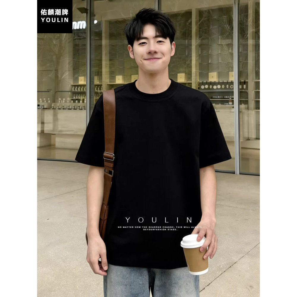 Preto estilo americano Formal ombro de manga curta masculino verão pequeno decote puro algodão camiseta cleanfit adolesc
