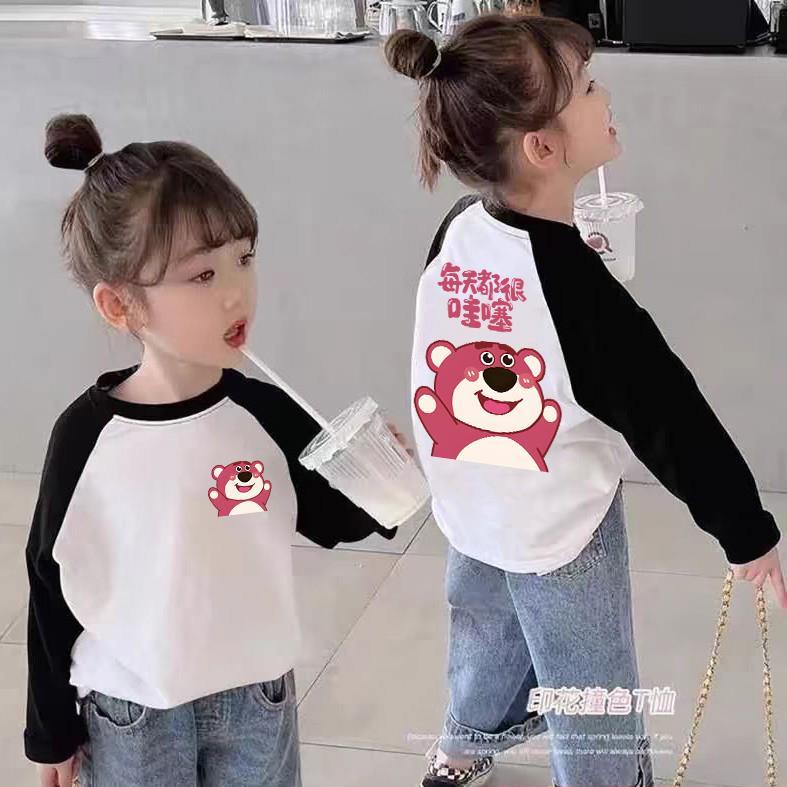 Algodão puro meninas de manga comprida contraste cor Raglan camiseta primavera outono crianças versão coreana em torno d