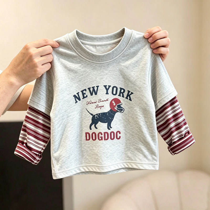 Algodão puro meninos bebê camiseta de manga comprida primavera outono novo estilo médio pequeno crianças camisa de fundo