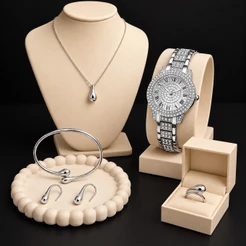 Kit Relógio Feminino Prateado com Strass + Colar Gota, Brincos, Bracelete e Anel