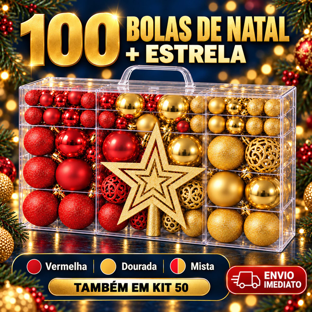 Kit 100 Bolas de Natal E Estrela Ponteira Decoração Enfeite Árvore Fosca Glitter Vermelha Dourada
