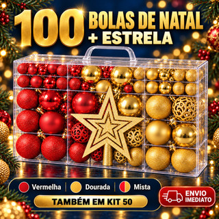 Kit 100 Bolas de Natal E Estrela Ponteira Decoração Enfeite Árvore Fosca Glitter Vermelha…