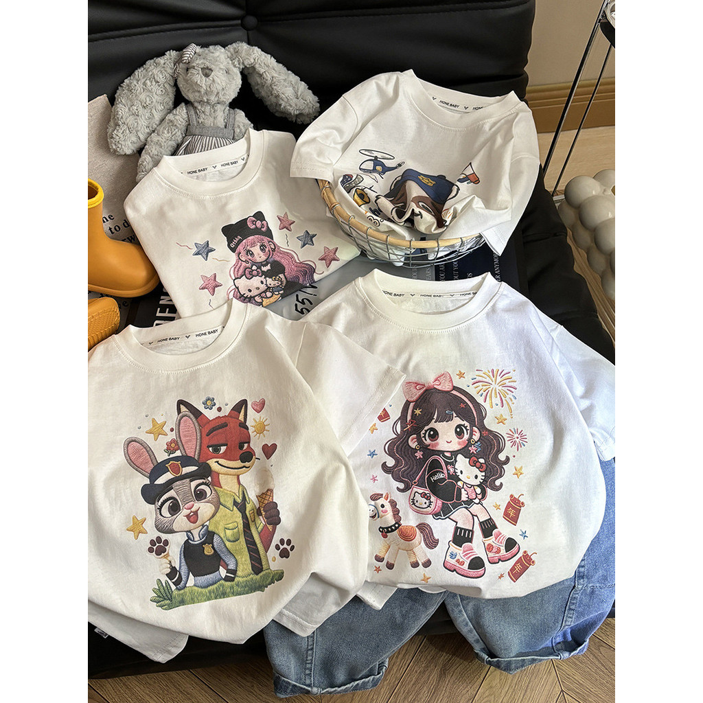 Novo estilo crianças versão coreana puro algodão de manga curta verão meninos meninas moda camisetas grandes crianças Al