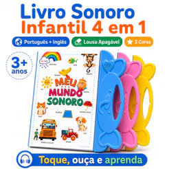Livro Infantil Sonoro Interativo Bilíngue Português Inglês Com Lousa Mágica Apagável Canetinhas Educativo Criança 3 Anos