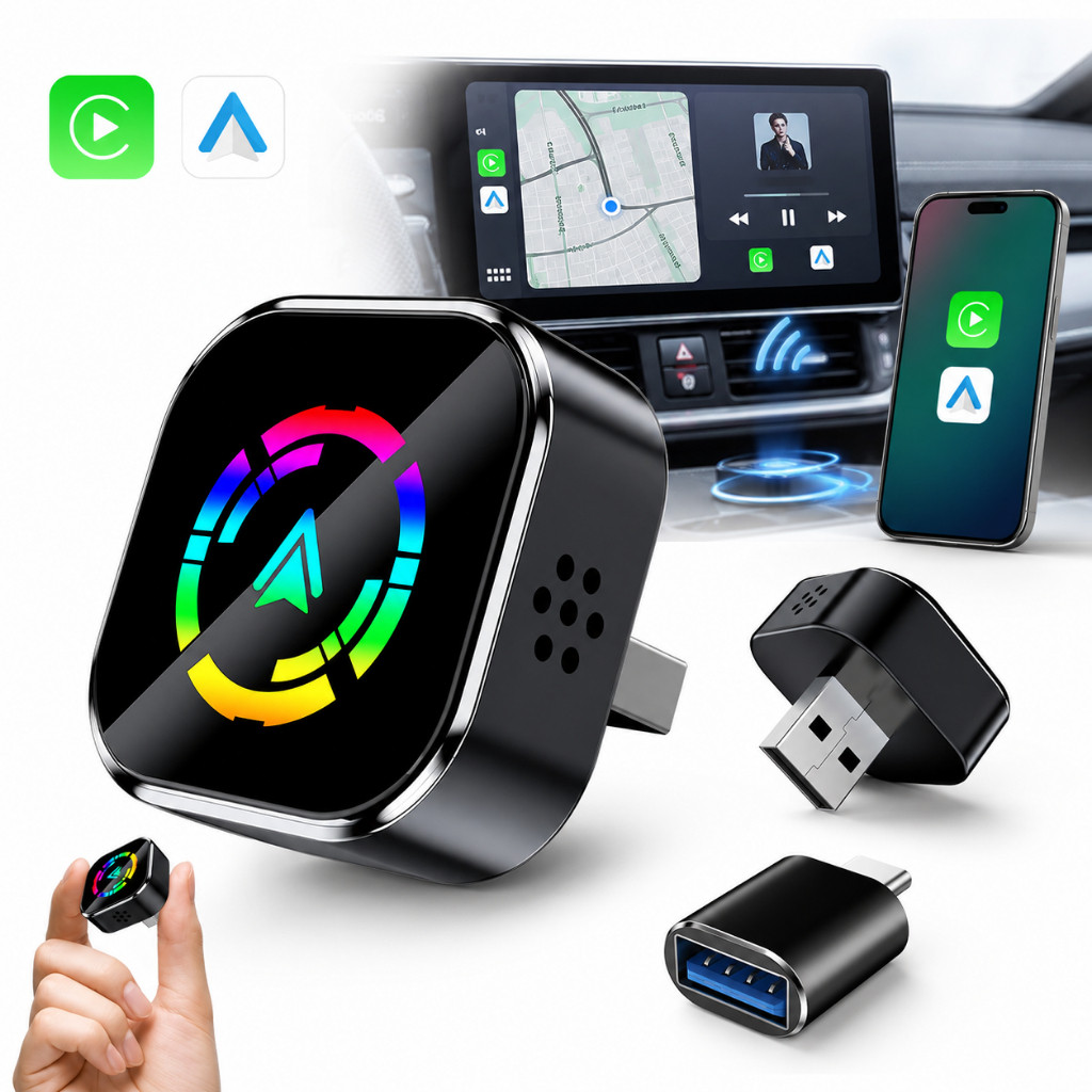 2 em 1 Adaptador CarPlay Android Auto Sem Fio Wireless USB Plug & Play Conexão Automática