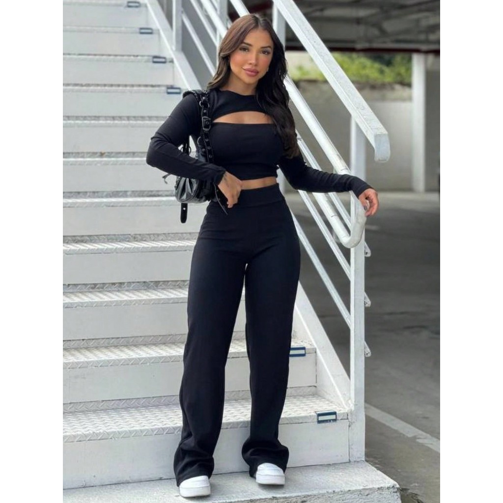 Conjunto Feminino Cropped Decote/Calça Duas Peças Outono/Inverno em Oferta na Shopee