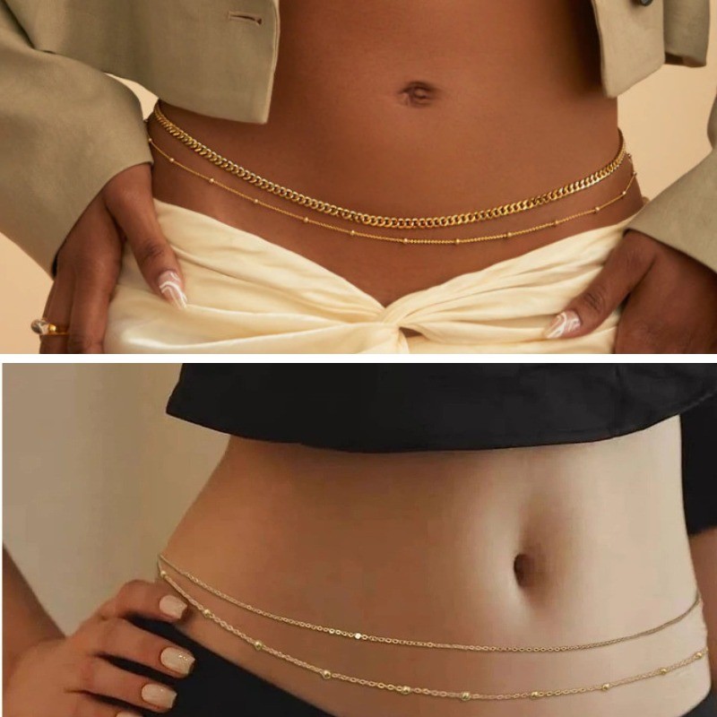 Corrente de corpo multicamadas da moda, corrente de cintura minimalista com lantejoulas, corrente de corpo hip hop