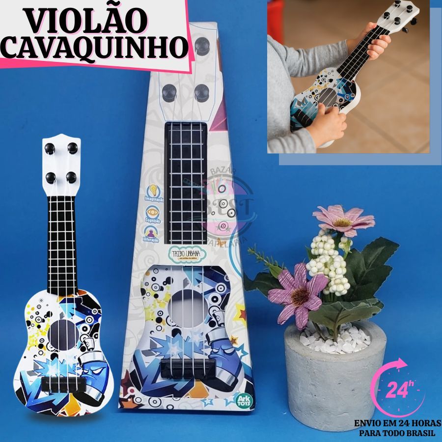 Mini Violão De Brinquedo Musical Infantil 4 Cordas Plástico Violãozinho Brinquedo 26cm Instrumento