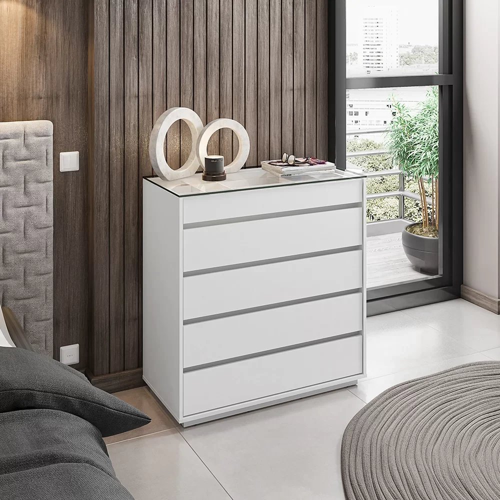 Cômoda 5 Gavetas com Organizador Tampo Vidro Belize  Branco em Oferta na Shopee