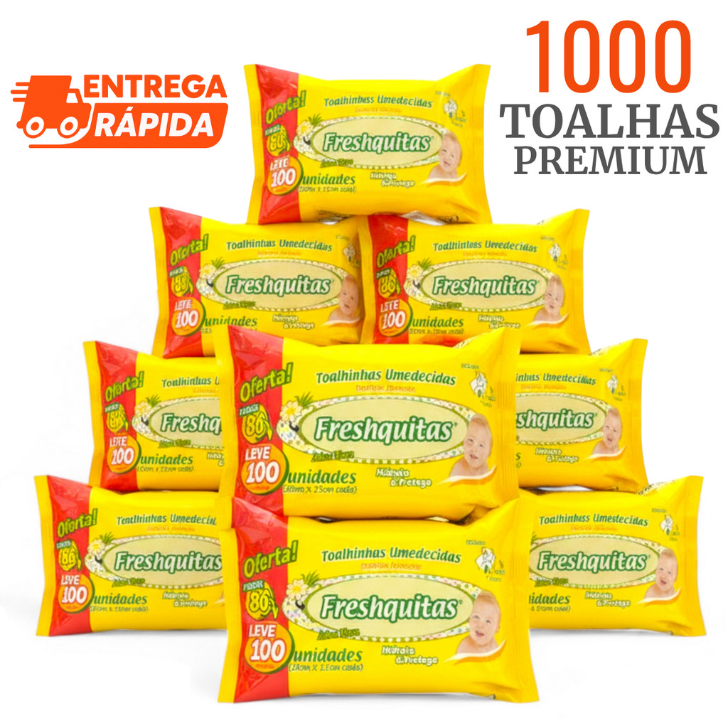 Caixa com 10 Lenços Umedecidos Bebê Freshquitas Premium Kit com 1000 Toalhas Atacado Promoção