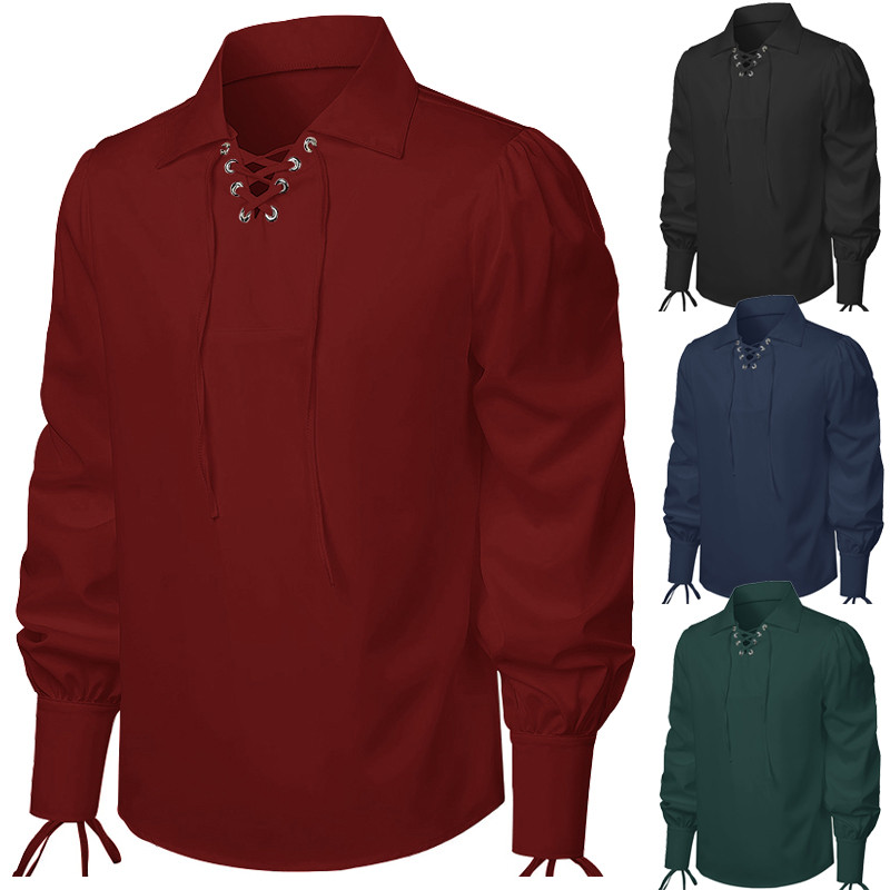 Camisa De Guerreiro Medieval Masculina Para Halloween Cosplay Retro Cavaleiro Pirata Topo Com Lapela Cor Sólida Horror D