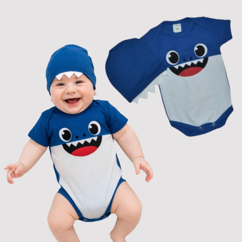 Body Bebe Mesversario Fantasia Tematico Baby Shark + Touca em Oferta na Shopee