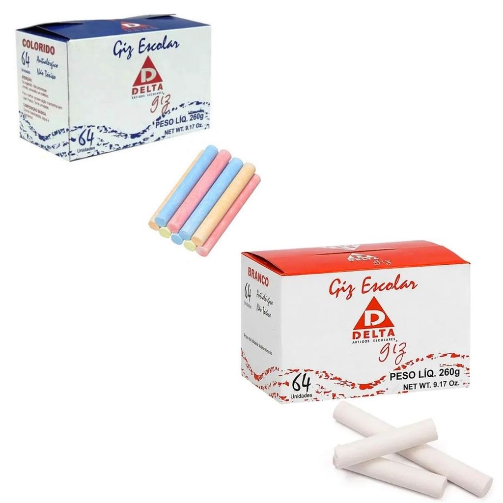 Giz Colorido + Giz Branco Kit Escolar Quadro Verde Delta 64 Unidades Cada