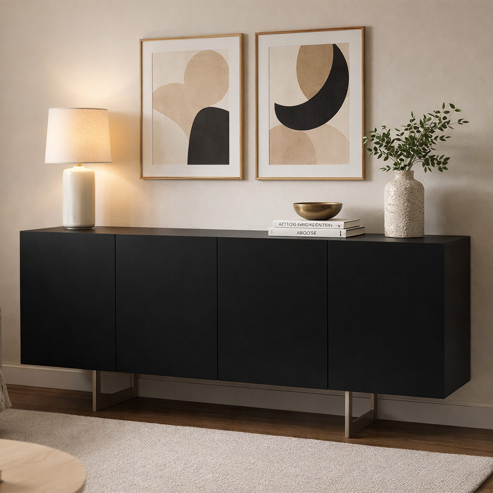 Aparador Buffet Para Sala de Jantar 4 Portas 160cm Pés Industrial Benita N01 Preto Champanhe - Lyam Decor