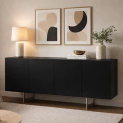 Aparador Buffet Para Sala de Jantar 4 Portas 160cm Pés Industrial Benita N01 Preto Champanhe - Lyam Decor