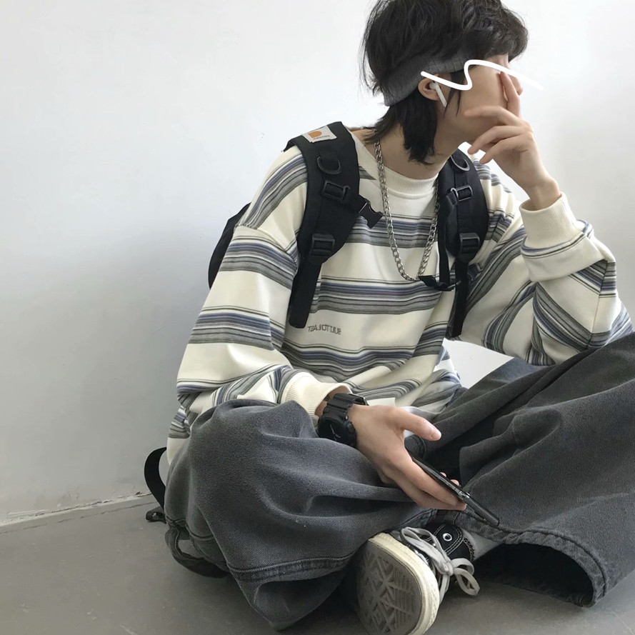 American cityboy listrado camiseta ins masculino feminino na moda solto de manga comprida topo estilo preguiçoso moletom