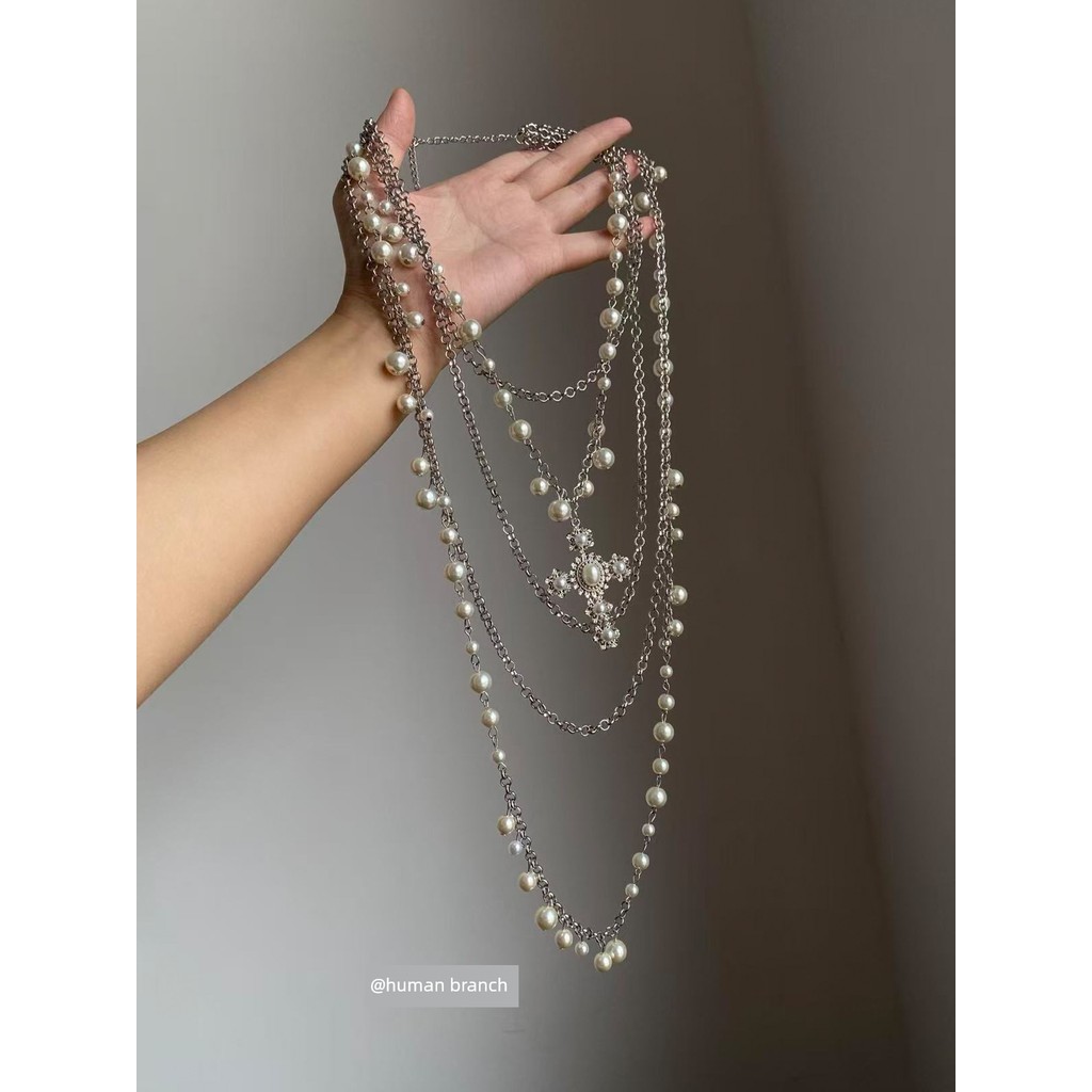 colar femenino colar aço inoxidável Multi-camadas cruz pérola colar feminino luz luxo nicho High-End longo camisola co