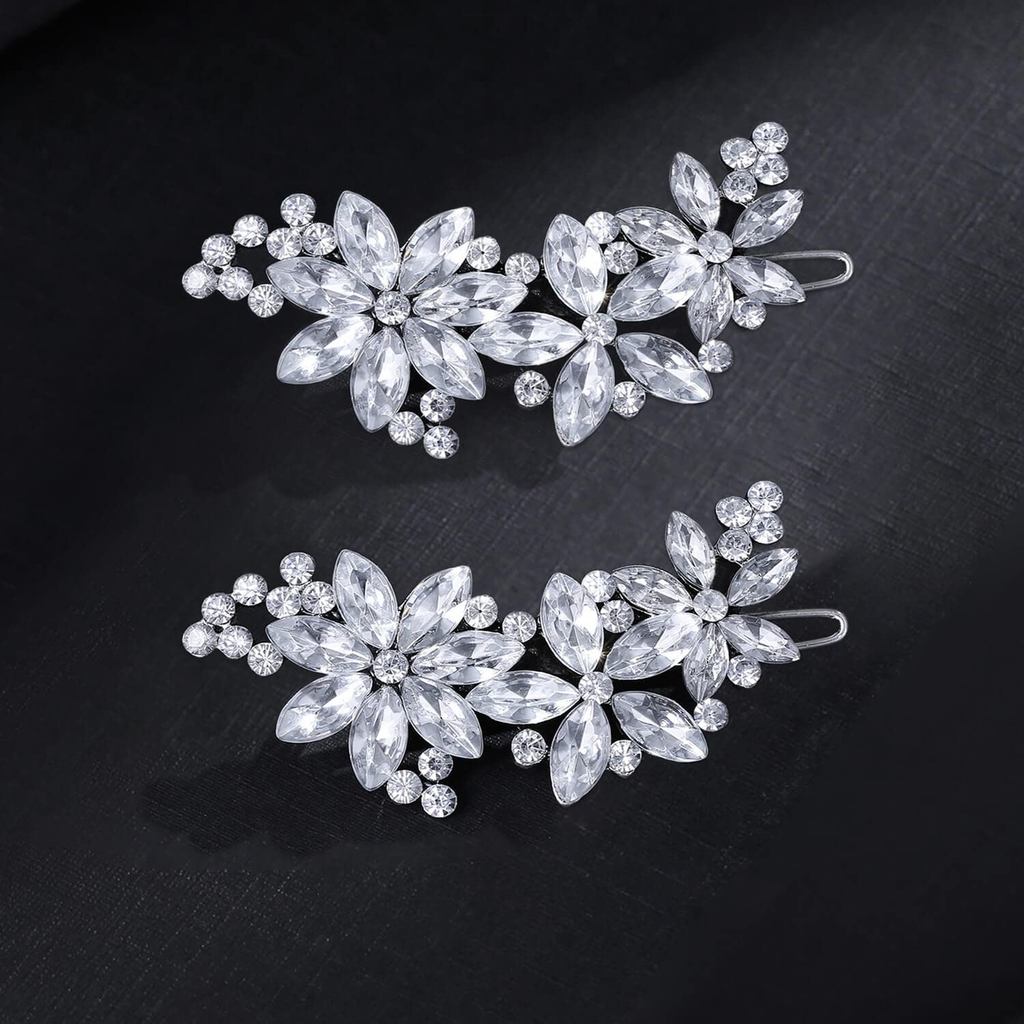 Presilhas de Cabelo de Noiva com Flores de Cristal (2 pacotes) Presilhas de Cabelo com Strass para Noivas
