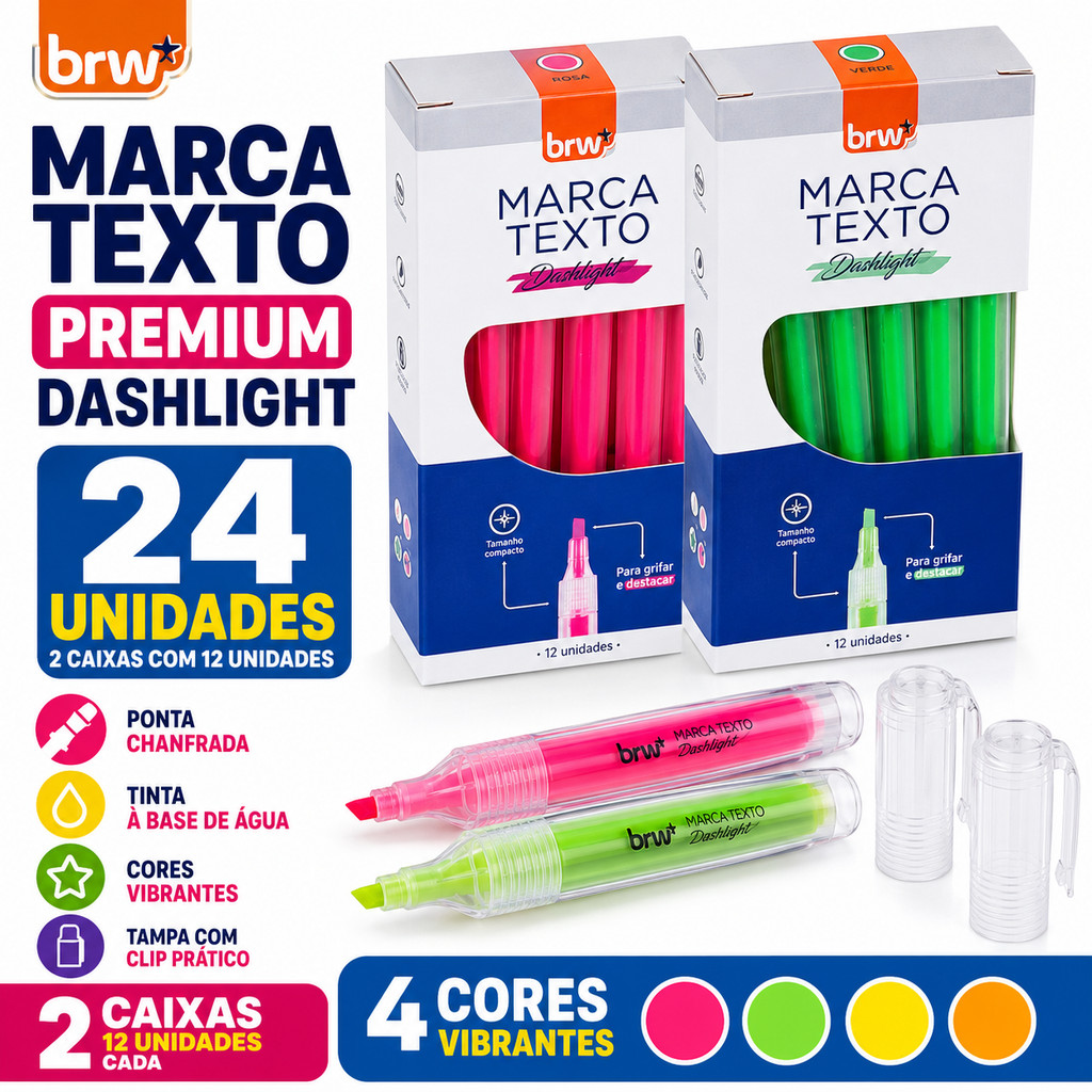 Kit 2 Caixas Marca Texto BRW 24 Unidades Fluorescente Neon Ponta Chanfrada 1-4mm Escolar Original