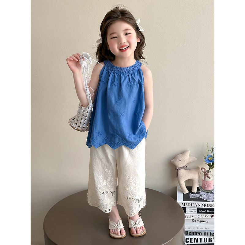 Meninas ternos de verão 2026 novo estilo moda meninas verão moda colete crianças meninas bebê pavão azul vestido de verã