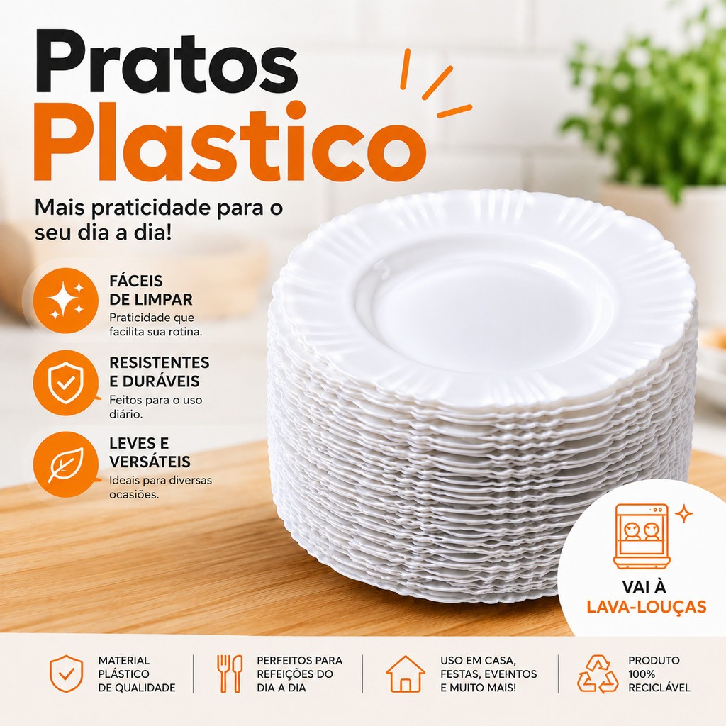 Kit Pratos de Plástico Reutilizáveis Resistentes – Jogo para Churrasco, Jantar e Festa
