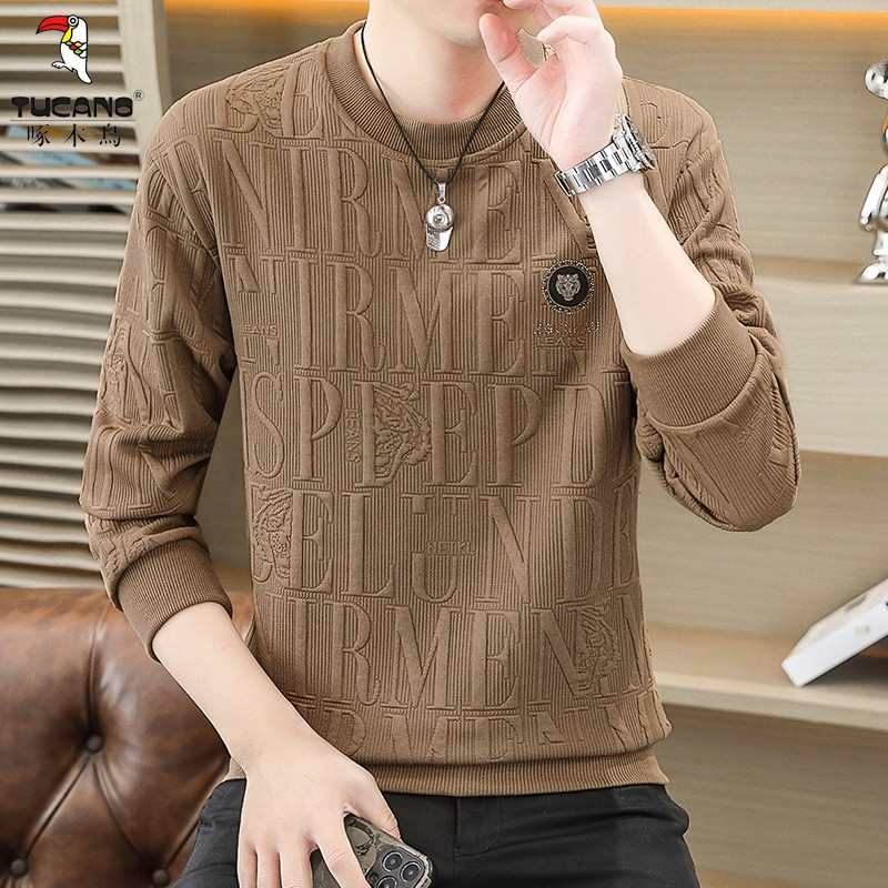Woodpecker camiseta de manga comprida masculina primavera outono na moda em torno do pescoço pulôver moletom Jacquard ca