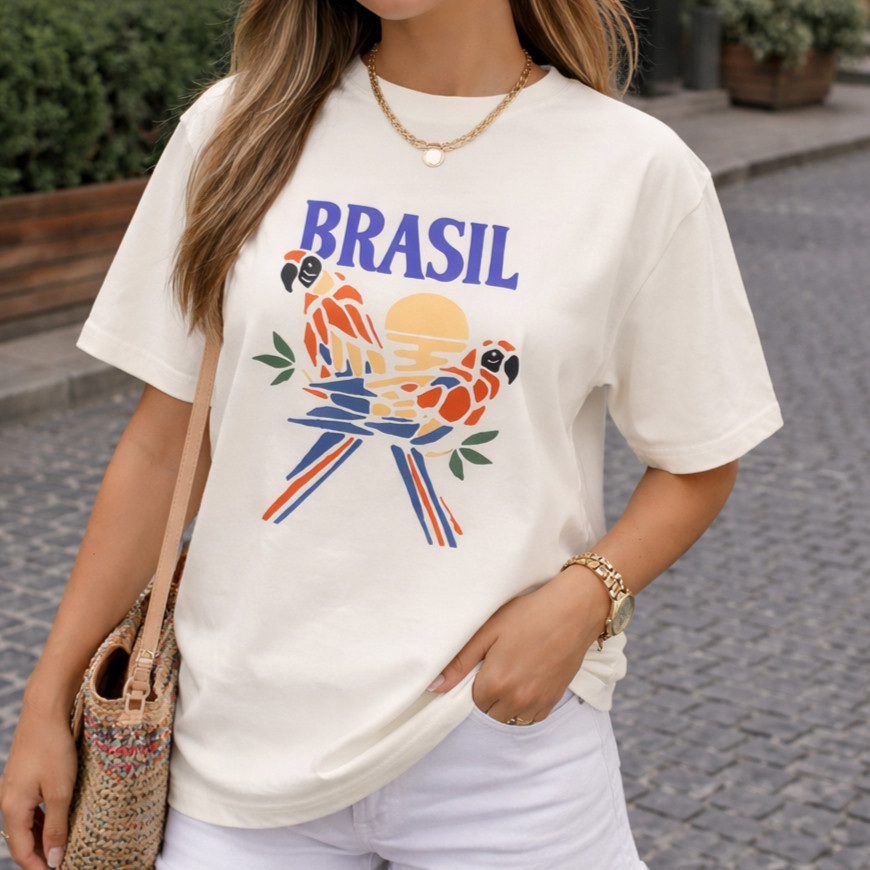 Camiseta Feminina Brasil Araras Estampa Tropical Algodão Premium Confortável Moda Verão Casual
