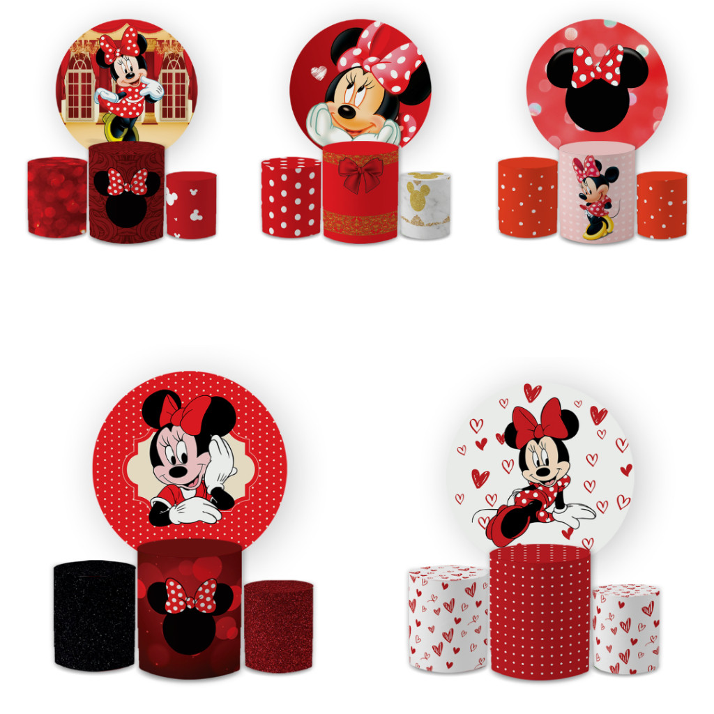 Kit Capa Painel Redondo 1,5 + Trio Cilindros Decoração Aniversário Infantil Minni Vermelha | Envio Rapido