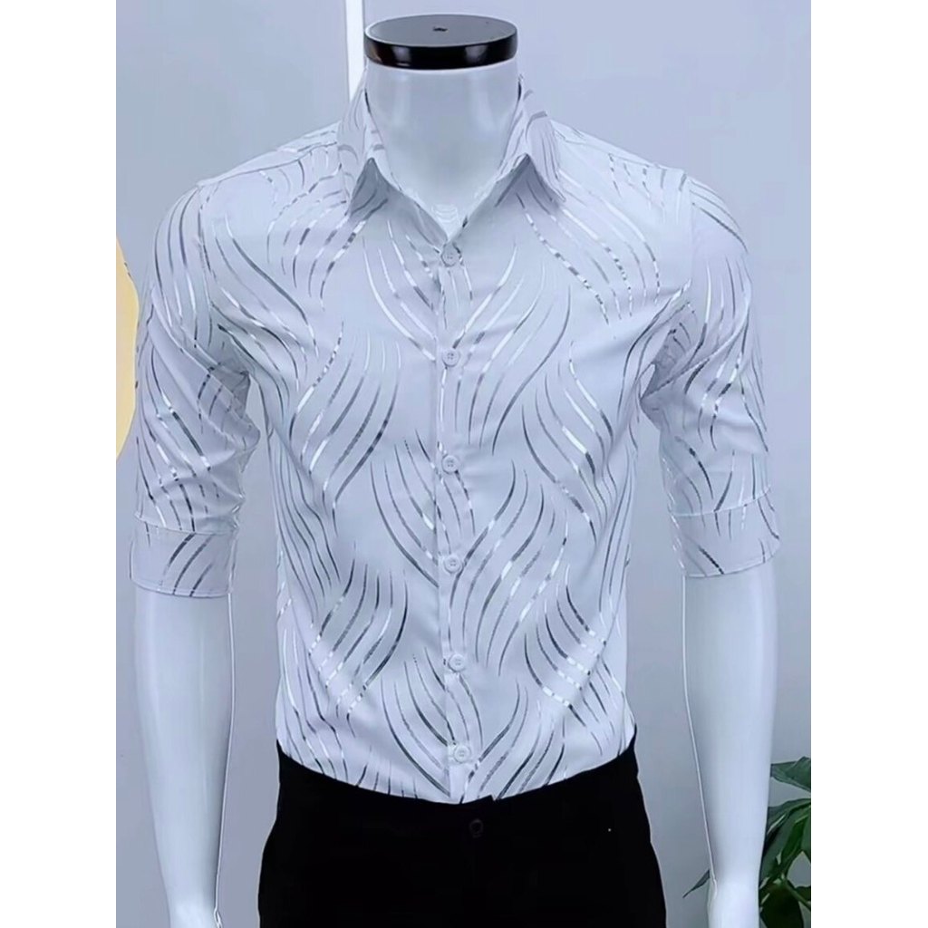 Verão novo estilo rufião bonito na moda onda padrão meados de manga camisa masculina moda bonito fino-ajuste High-End H