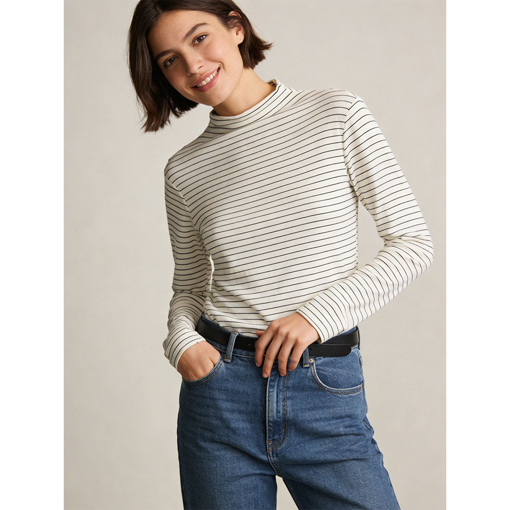 [W Can All-Match] Camisa francesa simples meia gola alta listrada feminina 2026 primavera novo estilo Casual camiseta de