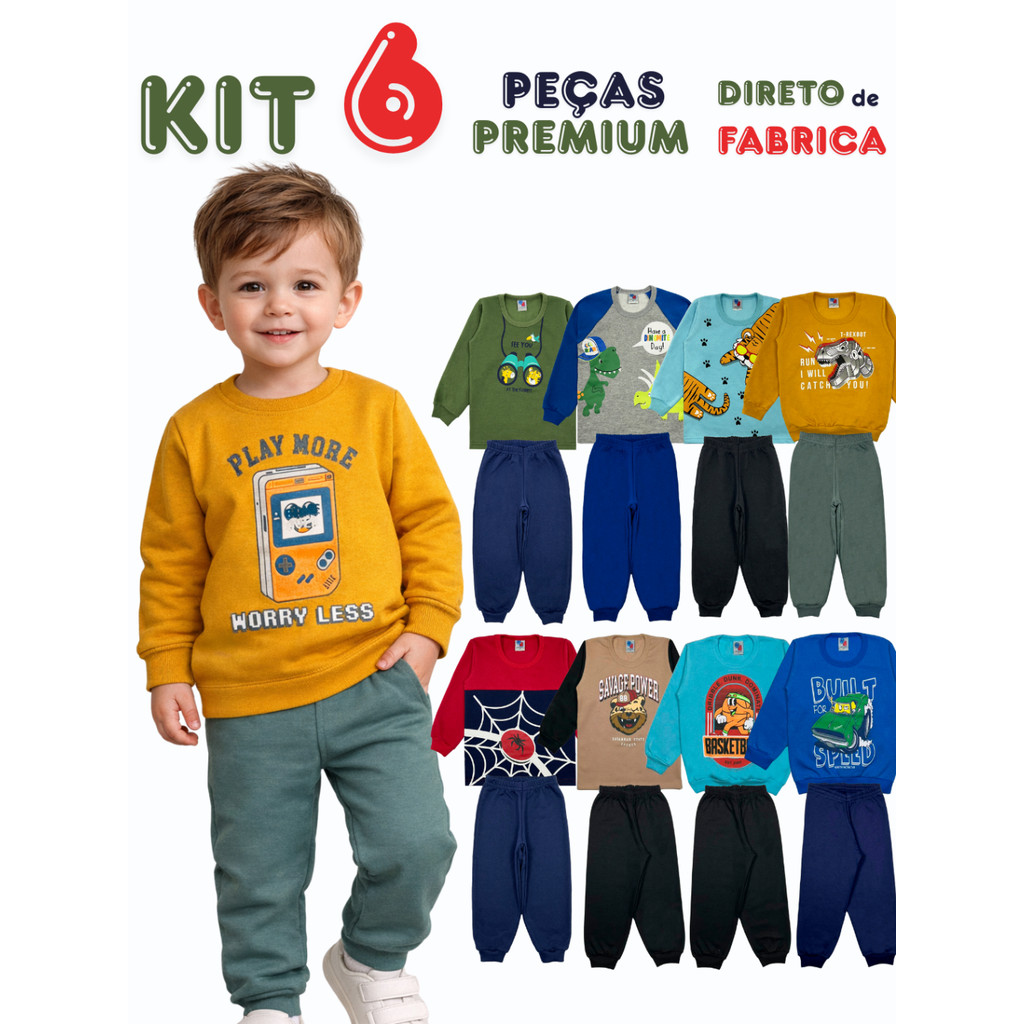 Kit 6 Peças Menino Inverno Moletom Felpado 3 Conjuntos Bebê Tam 1 2 3