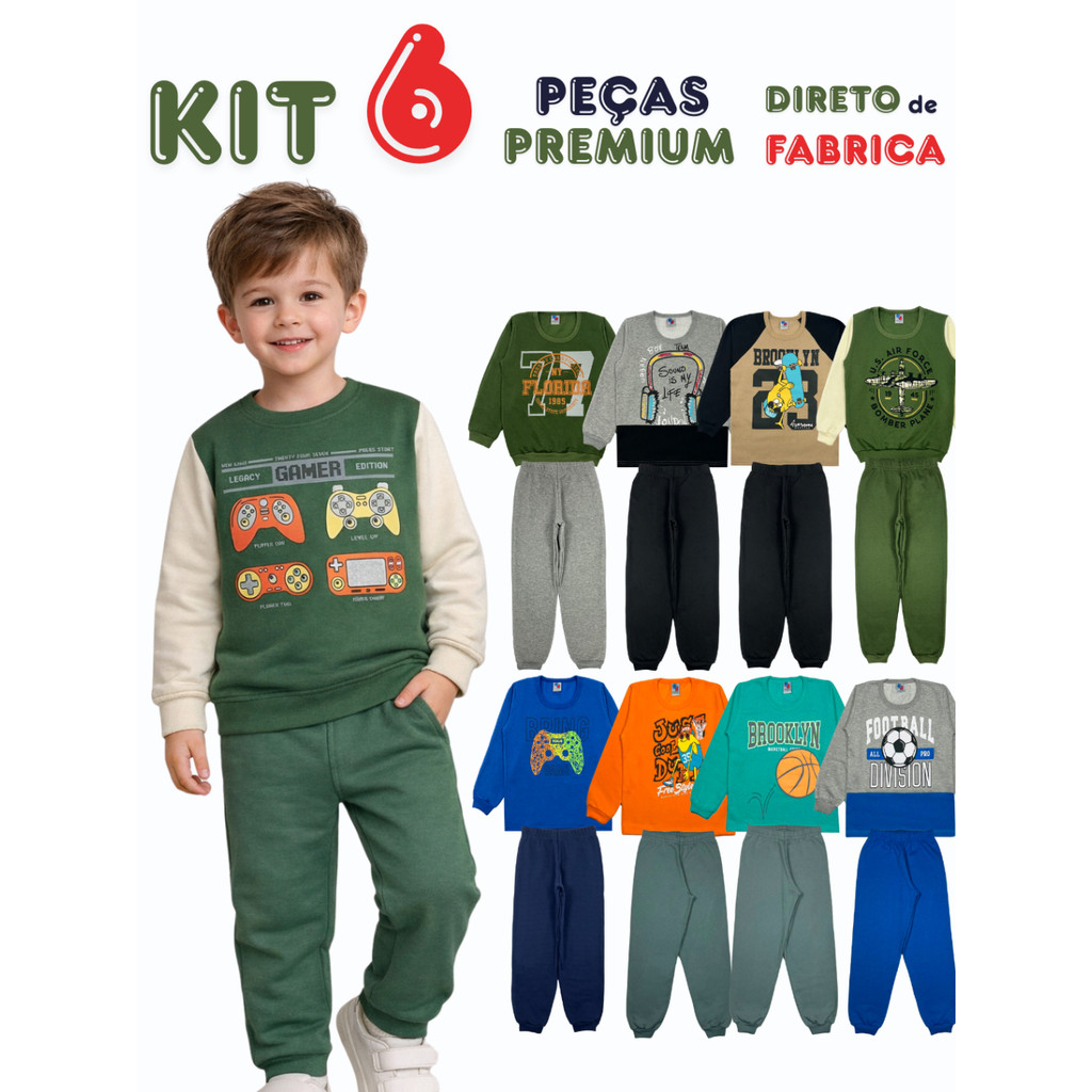 Kit 6 Peças Moletom Infantil Menino Inverno Felpado 3 Conjuntos Tam 4 6 8 10