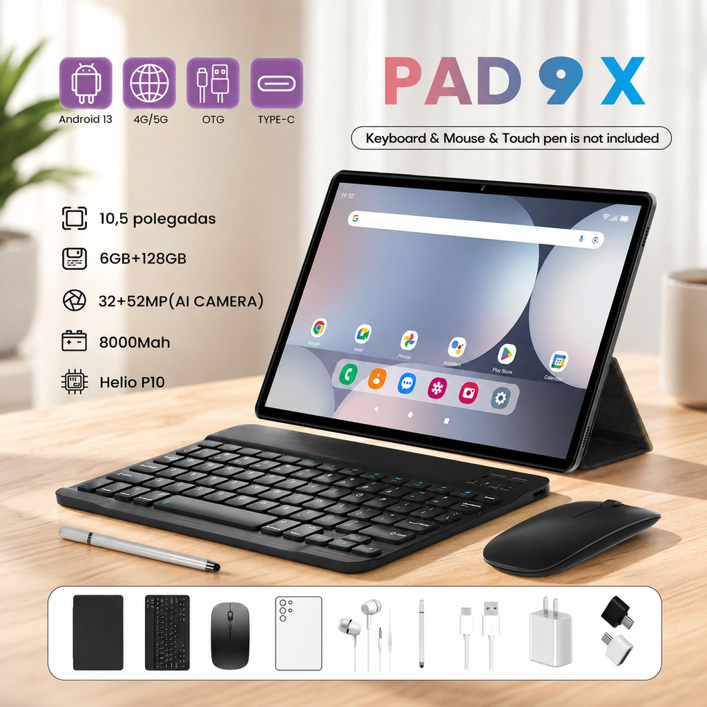 Tablet Pad 9X 10.5" 5G Android 13 Octa Core Dual SIM 6GB+128GB WiFi GPS 8000mAh Teclado Mouse Caneta