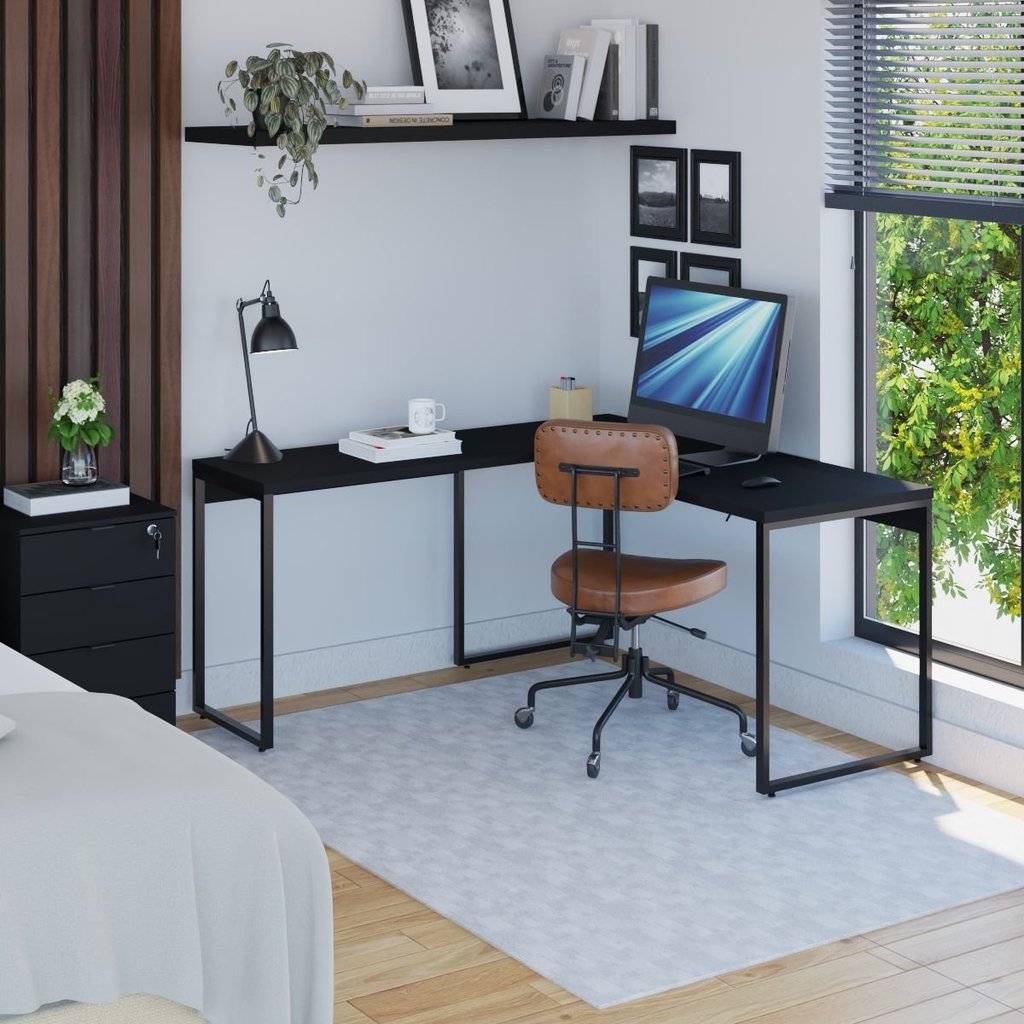 Escrivaninha Mesa Escritório em L Estilo 1,50MX1, Kuadra Compace 150cm Industria