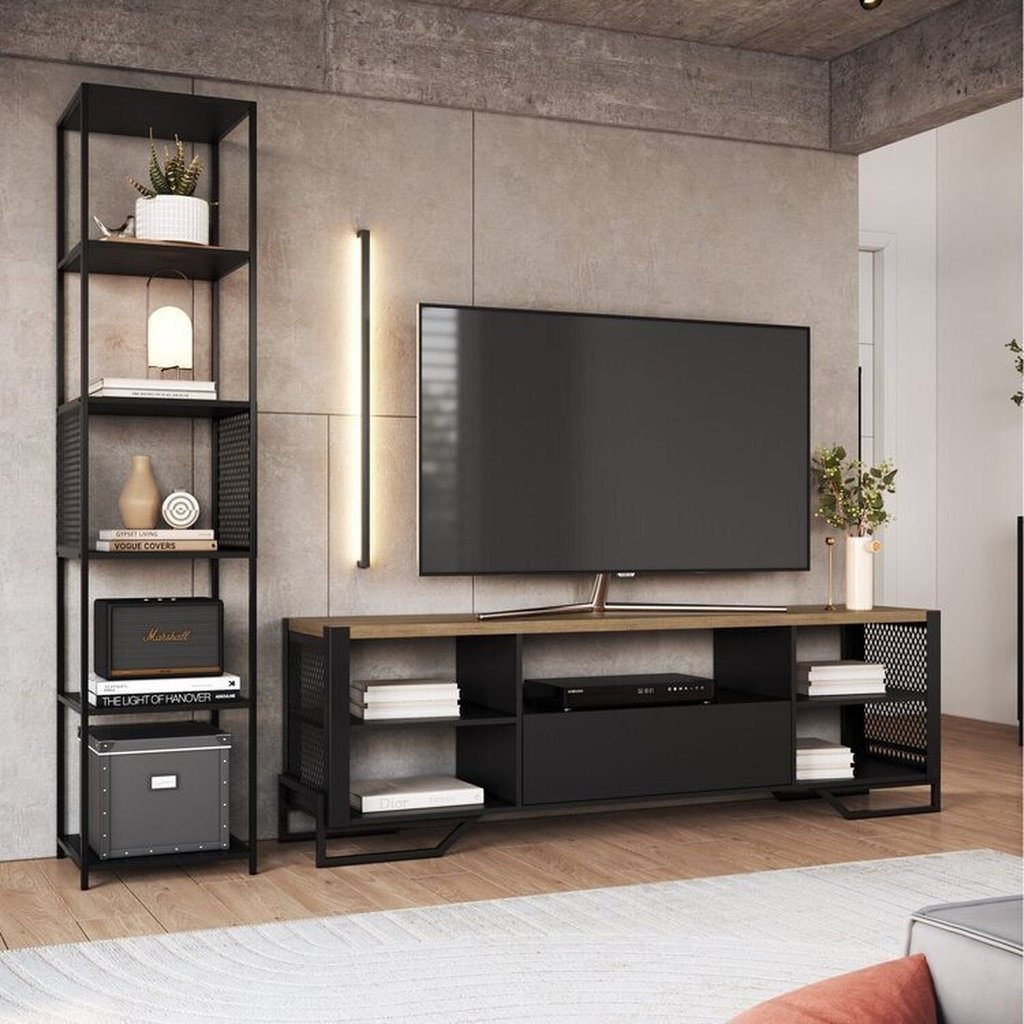 Rack Industrial para TV até 60 Polegadas 5 Nichos com Estante Telada Preto