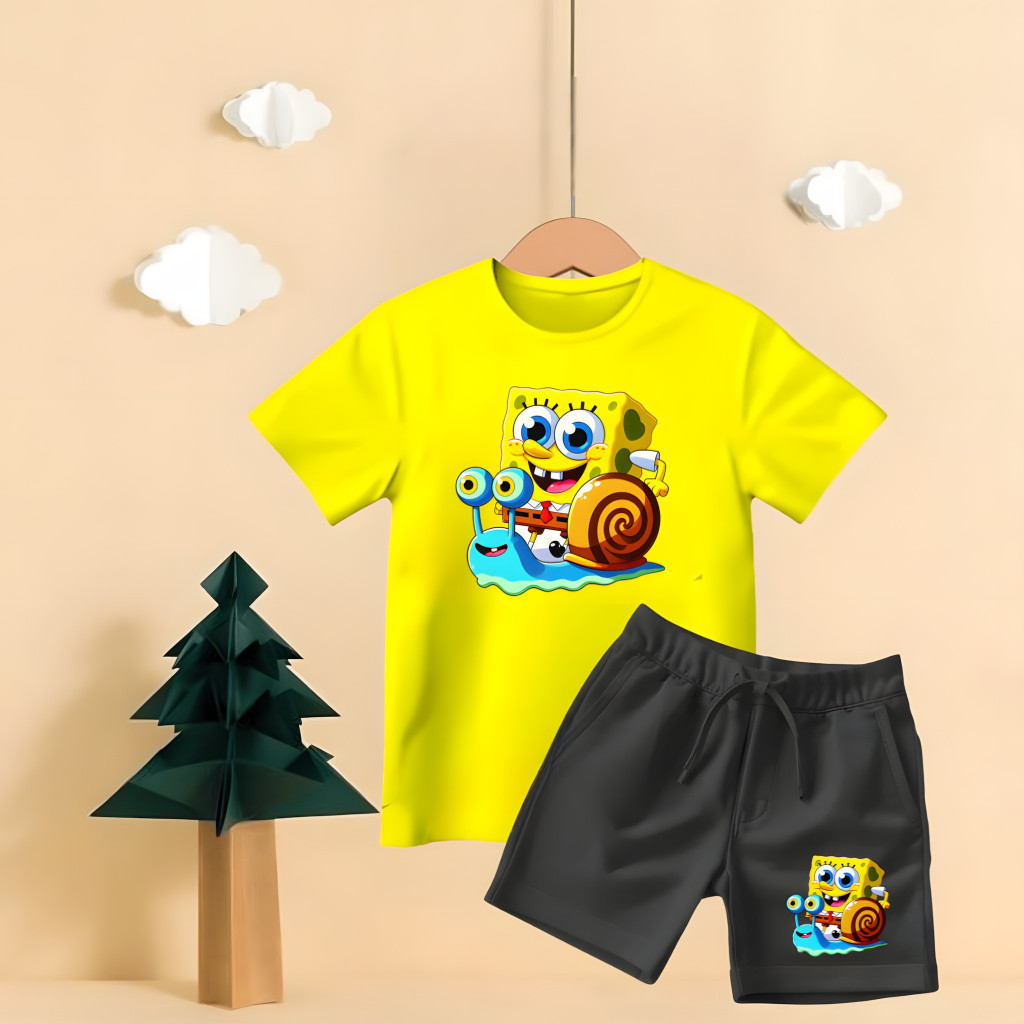 Conjunto Bermuda Moletinho e Camiseta 100% Algodão Infantil Bob Esponja Moletinho e Camiseta