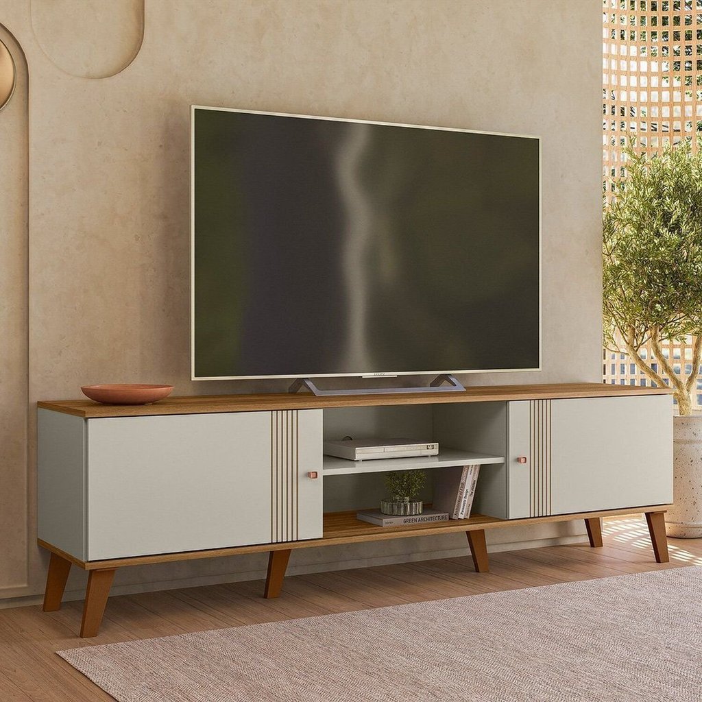 Rack para TV até 75 Polegadas MDF 180cm Denver 2 Portas Branco Off White/Nature