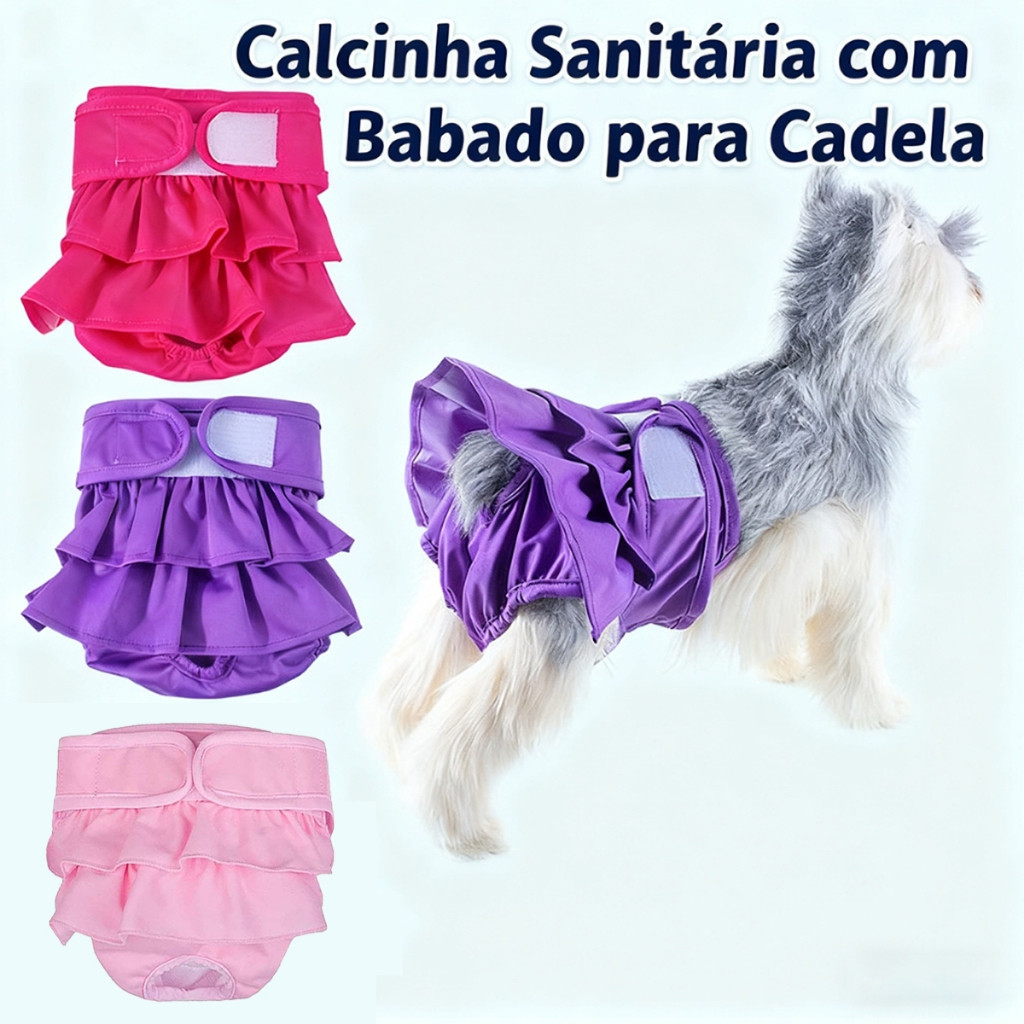 Calcinha Higiênica Cachorro Fralda para Cadela Cio Lavável Roupa Íntima Pet com Babado Protetor Confortável