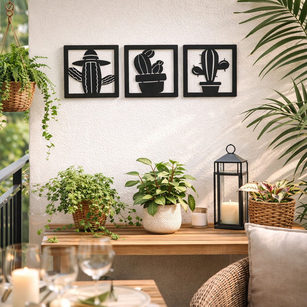 Kit com 3 Quadros Decorativos Cactos Decoração para Sala Escritório Varanda Mdf Preto Fosco Utilidade Domestica