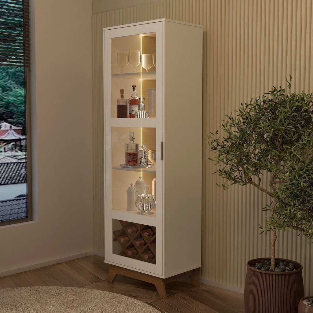 Cristaleira com LED e Espelho Mirage Bege/Off White/Cinamomo